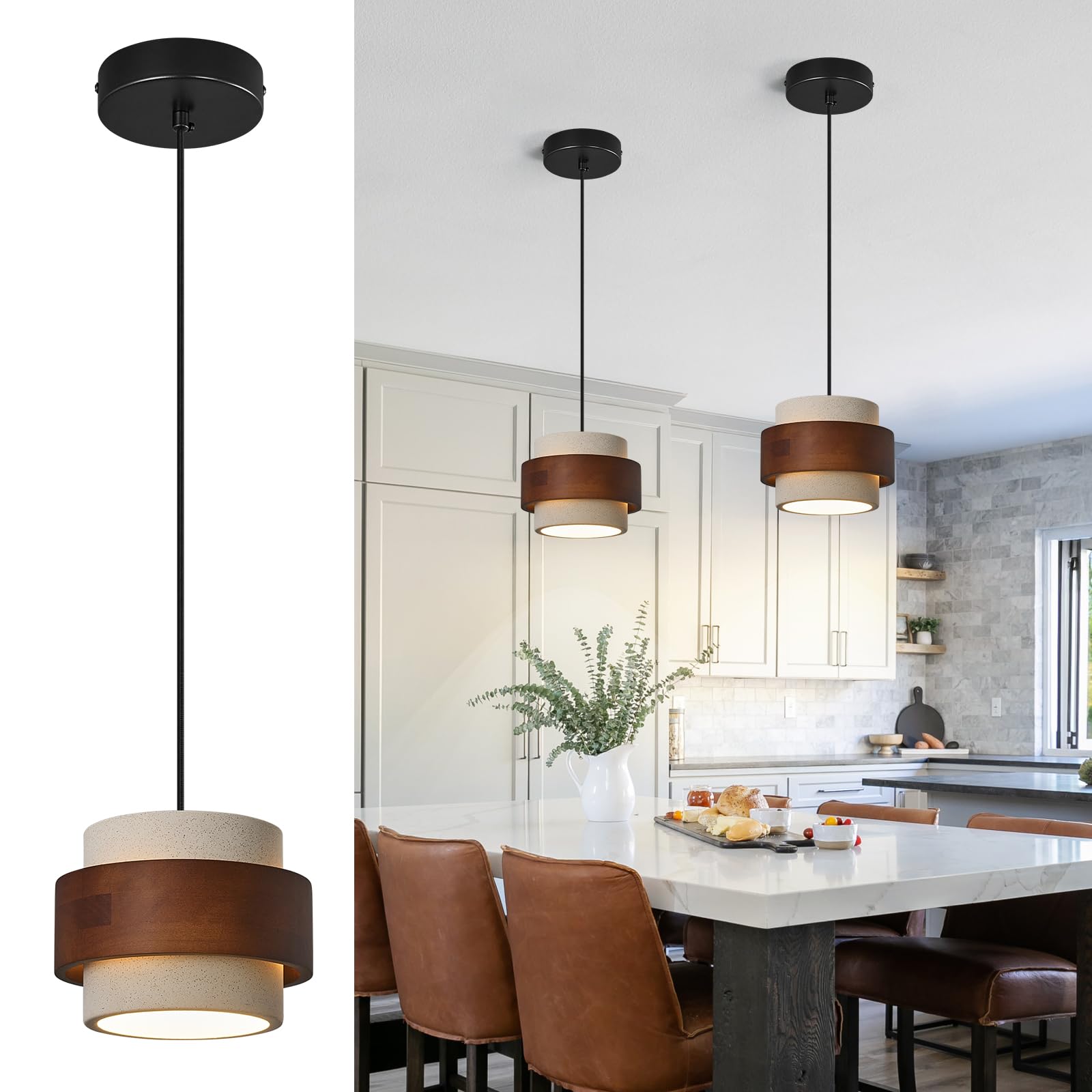 Modern Cement Pendant Light Fixture,Concrete Pendant Lights with Wood Accent,Vintage Farmhouse Chandelier for Kitchen Island Dining Room Living Room Bedroom Restaurant Cafe(White 2-Pack)