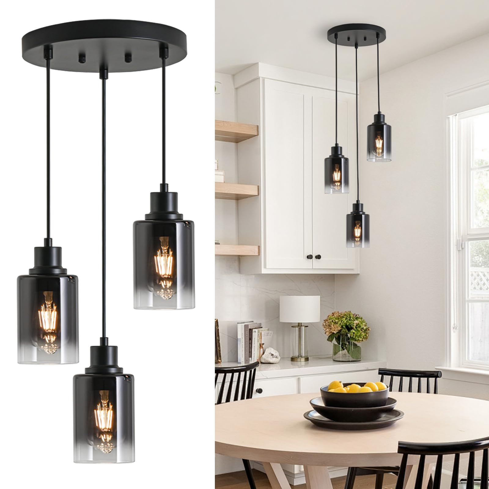 2-Pack Black Pendant Light Fixtures, Adjustable Modern Pendant Lights for Kitchen Island, Industrial Glass Pendant Lights for Dining Table Hallway Bedroom Living Room