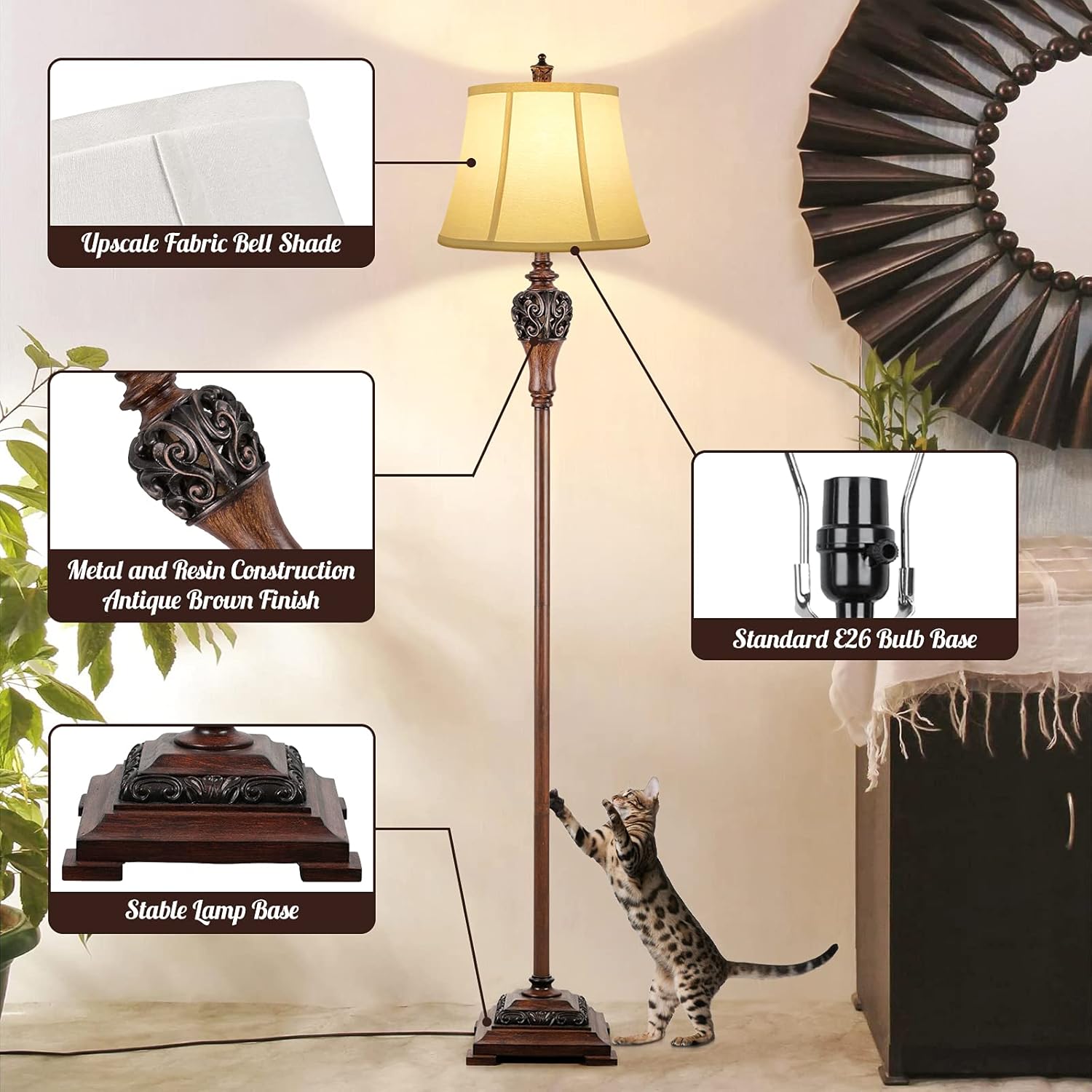 Sucolite Vintage Floor Lamp for Living Room, Traditional Farmhouse Tall Standing Lamp, Mid-Century Antique Pole Lamp for Bedroom Reading with White Fabric Shade, Rustic Bright Lighting Home Decor