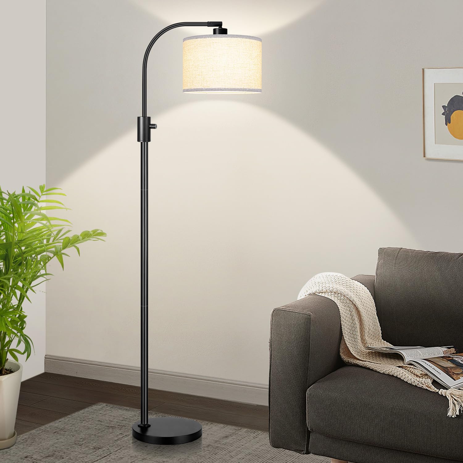 Nintiue Upgraded Modern Arc Dimmable Tall Standing Floor Lamp with Linen Shade, 1200 Lumens LED Bulb Included, for Living & Reading Room, Bedroom, Office & Nursery, Gold