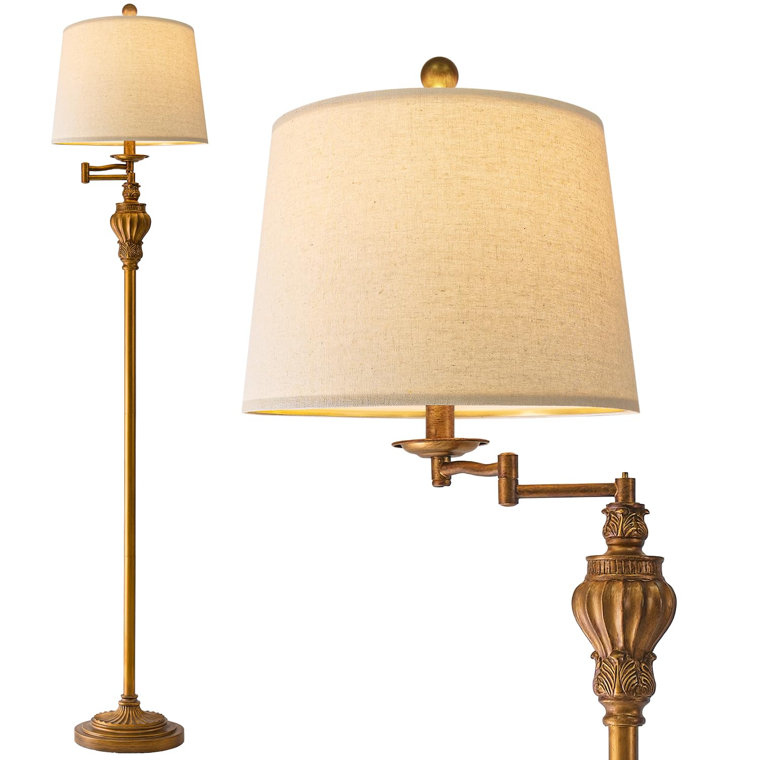 61" Vintage Floor Lamp with 350° Adjustable Swing Arm, Gold Standing Lamp for Bedroom Living Room Nightstand Bedside Retro Farmhouse Mid Century Lamp Light Home Décor Office Gifts