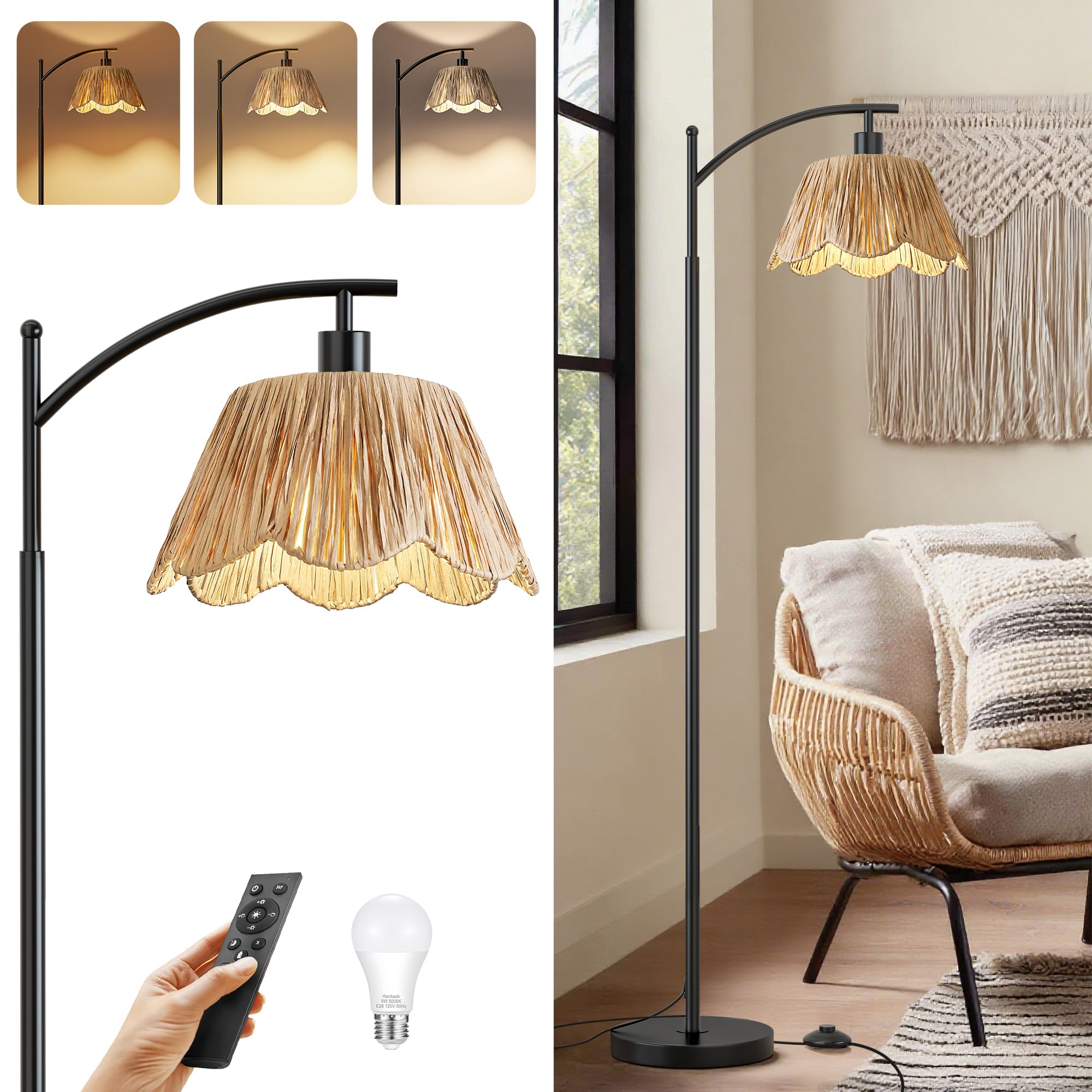 Oneach Arc Floor Lamp for Living Room,Rattan Boho Floor Lamp with Hand-Woven Shade, Foot Switch,Gold Metal Base & Pole,Farmhouse Standing Lamp for Bedroom Corner,Reading