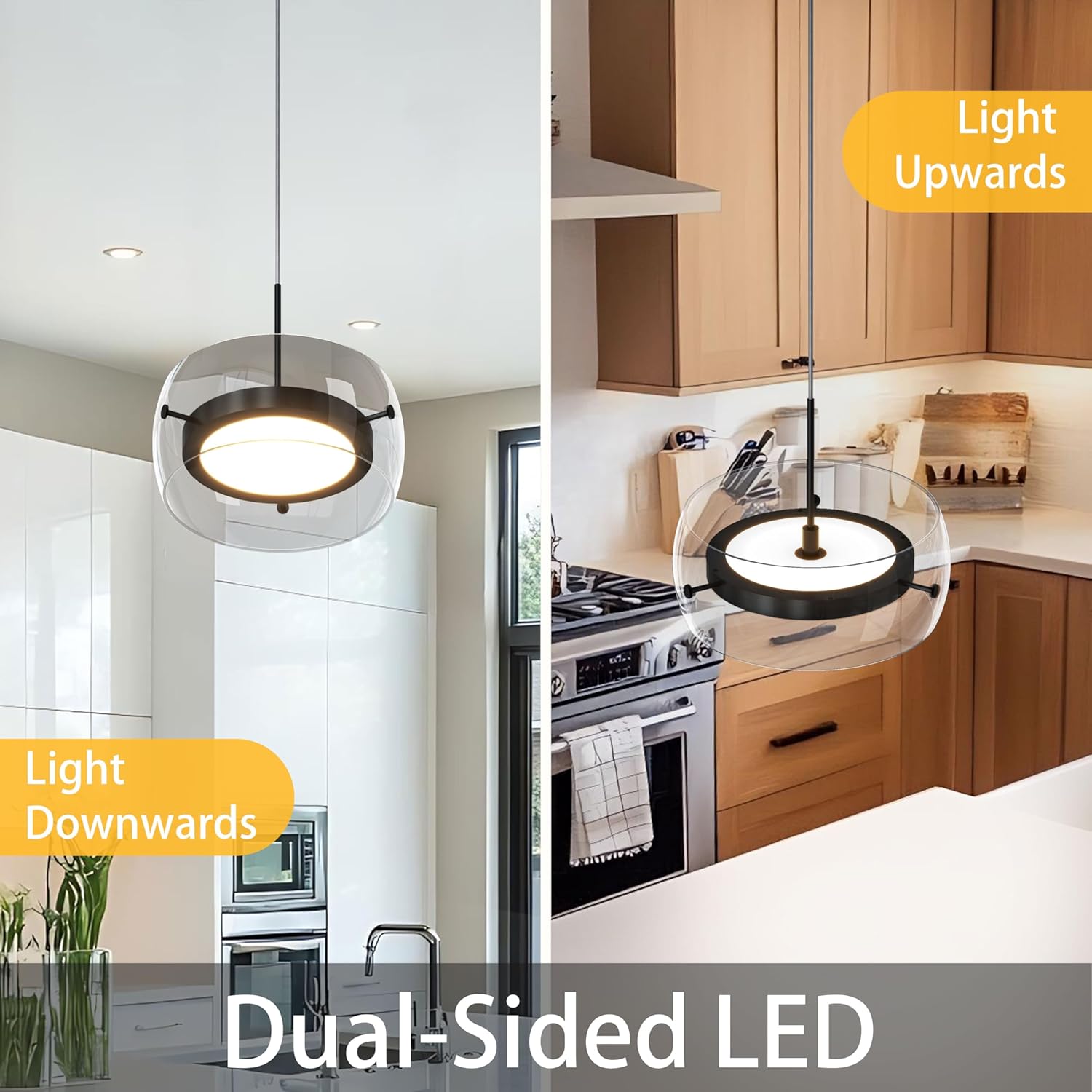 Pendant Lights Kitchen Island Dual-Sided LED Lighting, Adjustable Hanging Length, Glass Shade, Dimmable, Modern Ceiling Light Fixture for Dining Room, Bar, Living Room, Matte Black