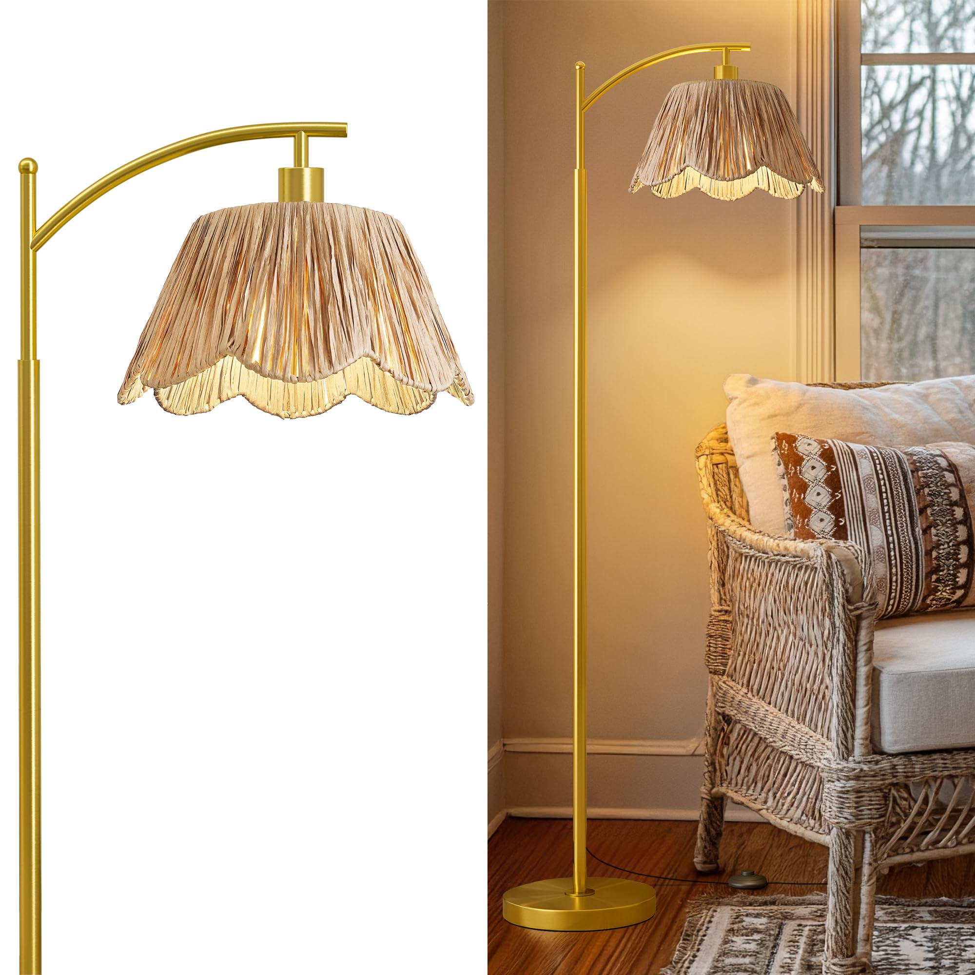 Oneach Arc Floor Lamp for Living Room,Rattan Boho Floor Lamp with Hand-Woven Shade, Foot Switch,Gold Metal Base & Pole,Farmhouse Standing Lamp for Bedroom Corner,Reading