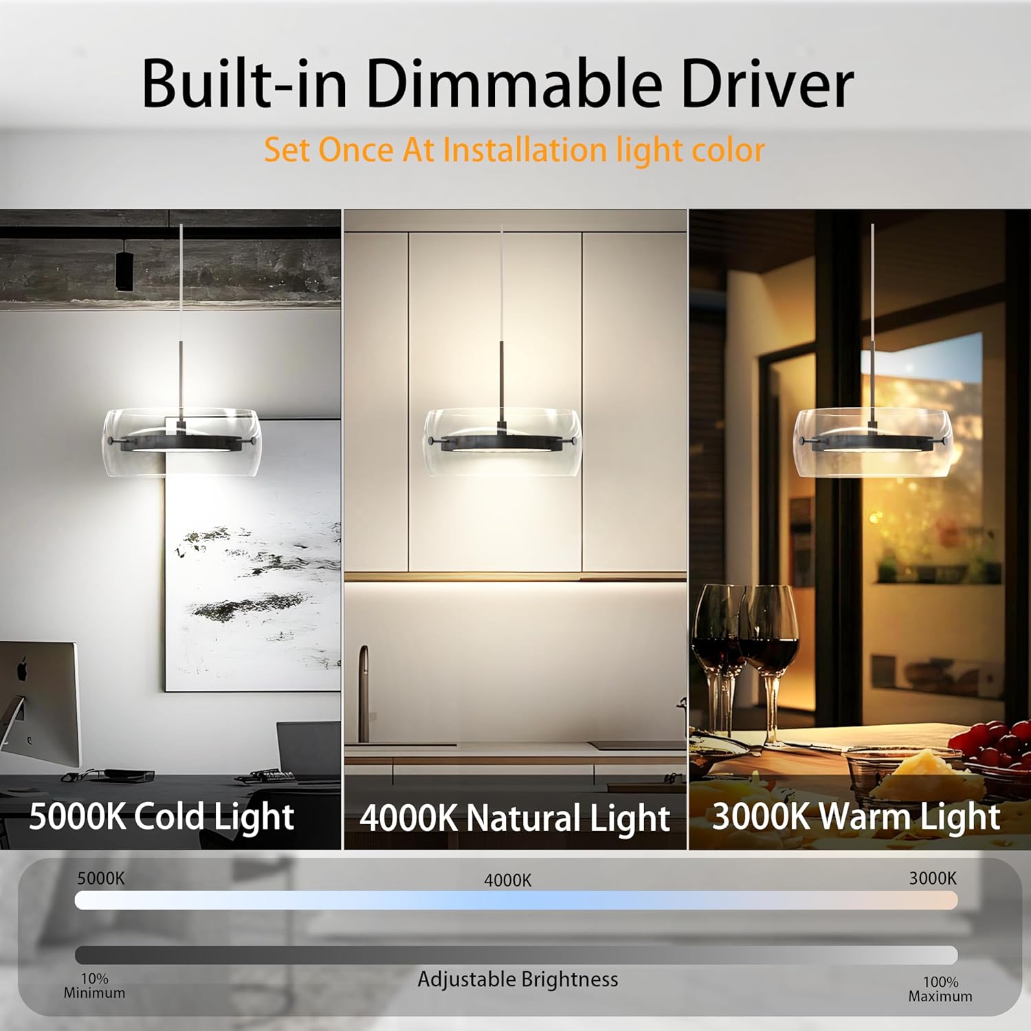 Pendant Lights Kitchen Island Dual-Sided LED Lighting, Adjustable Hanging Length, Glass Shade, Dimmable, Modern Ceiling Light Fixture for Dining Room, Bar, Living Room, Matte Black