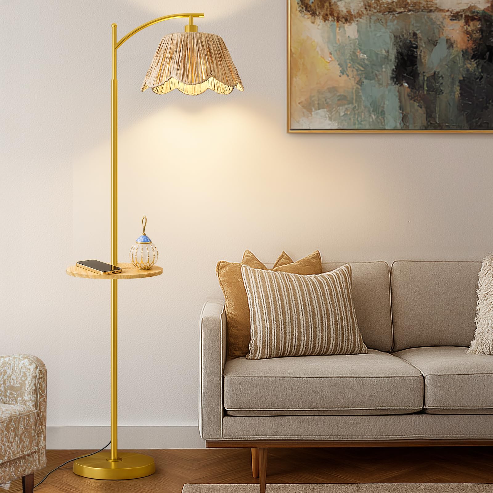 Oneach Arc Floor Lamp for Living Room,Rattan Boho Floor Lamp with Hand-Woven Shade, Foot Switch,Gold Metal Base & Pole,Farmhouse Standing Lamp for Bedroom Corner,Reading