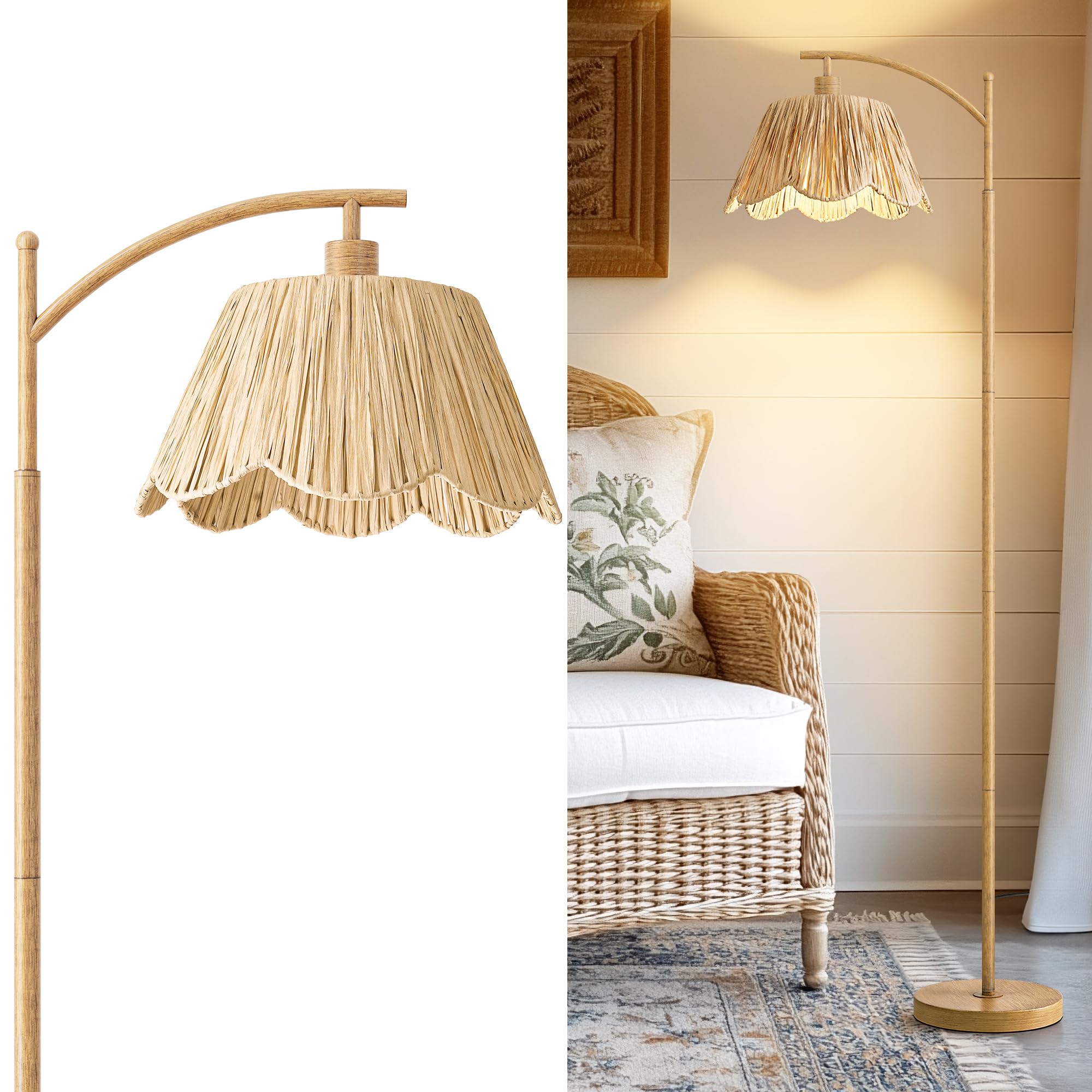 Oneach Arc Floor Lamp for Living Room,Rattan Boho Floor Lamp with Hand-Woven Shade, Foot Switch,Gold Metal Base & Pole,Farmhouse Standing Lamp for Bedroom Corner,Reading
