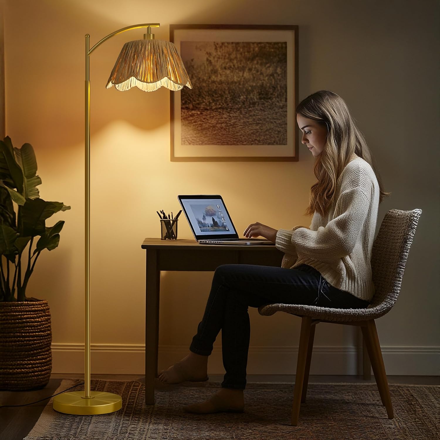 Oneach Arc Floor Lamp for Living Room,Rattan Boho Floor Lamp with Hand-Woven Shade, Foot Switch,Gold Metal Base & Pole,Farmhouse Standing Lamp for Bedroom Corner,Reading